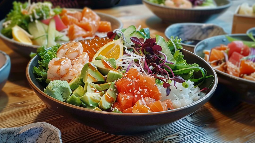 Pokébowl med lax, räkor, avokado och sallad